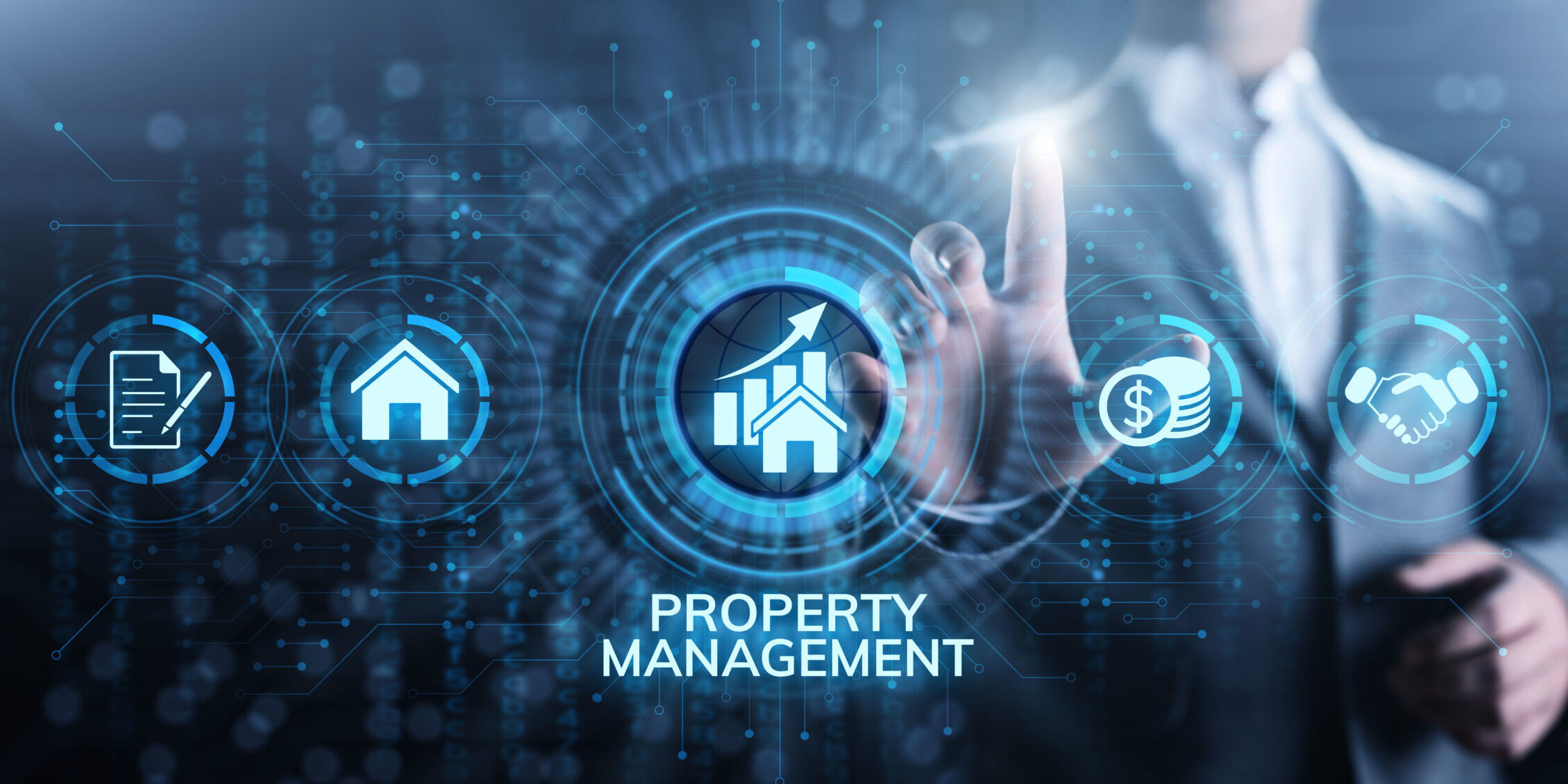 Property management Is the operation, control, and oversight of real estate. Business concept.